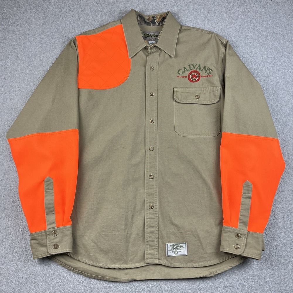 VTG Galyan's Master Button Shirt Mens Large Collar Orange Khaki Hunting Shooting